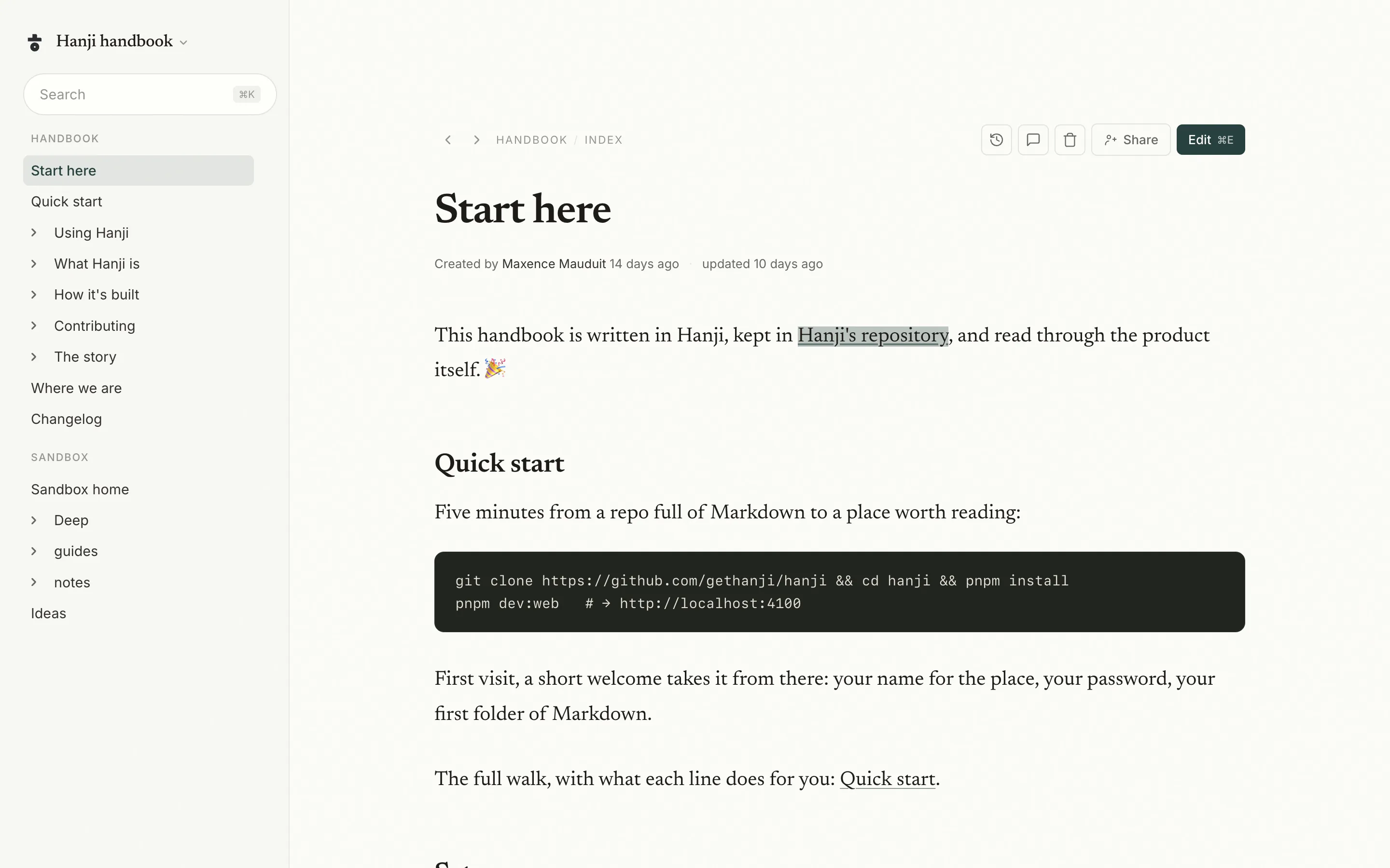 Das Hanji-Handbuch mit Repository-Navigation und einer übersichtlichen Startseite